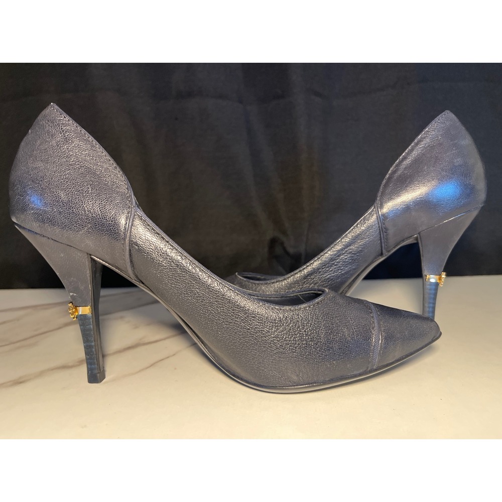 Tory Burch Women Navy Leather Pointed Toe Stiletto Heels Gold Logo Accent SZ 11M
